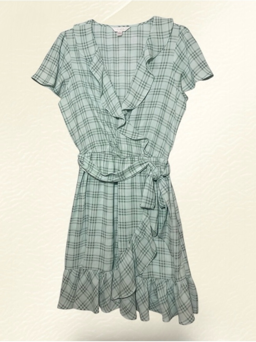 LC Lauren Conrad Mint Plaid Ruffle Wrap Midi Dress